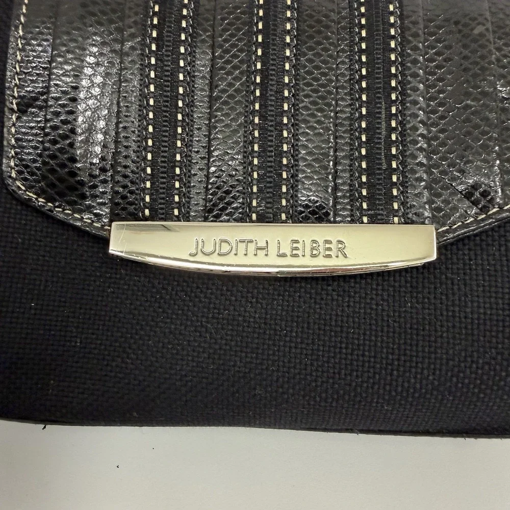 Judith Leiber Snakeskin and Fabric Purse Black Crystals Trim Mirror Change Pouch